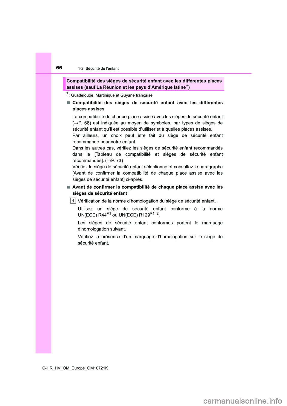 TOYOTA C-HR 2022 Notices Demploi (in French) 661-2. Sécurité de l’enfant
C-HR_HV_OM_Europe_OM10721K
*: Guadeloupe, Martinique et Guyane française
■Compatibilité des sièges de sécu rité enfant avec les différentes
places ass TOYOTA C-HR 2022 Notices Demploi (in French) 661-2. Sécurité de l’enfant
C-HR_HV_OM_Europe_OM10721K
*: Guadeloupe, Martinique et Guyane française
■Compatibilité des sièges de sécu rité enfant avec les différentes
places ass