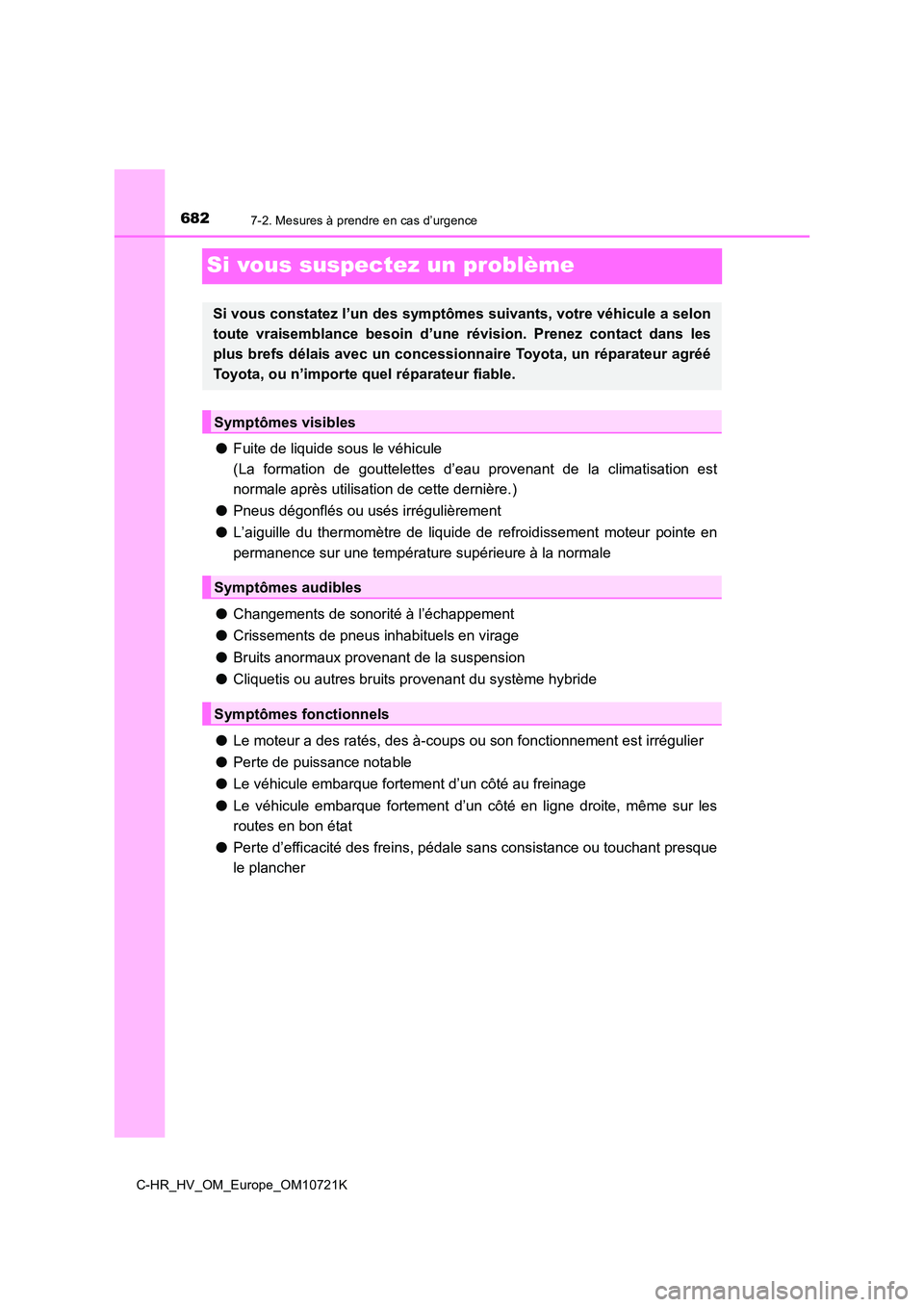 TOYOTA C-HR 2022 Notices Demploi (in French) 6827-2. Mesures à prendre en cas d’urgence
C-HR_HV_OM_Europe_OM10721K
Si vous suspectez un problème
●Fuite de liquide sous le véhicule
(La formation de gouttelettes d’eau provenant de TOYOTA C-HR 2022 Notices Demploi (in French) 6827-2. Mesures à prendre en cas d’urgence
C-HR_HV_OM_Europe_OM10721K
Si vous suspectez un problème
●Fuite de liquide sous le véhicule
(La formation de gouttelettes d’eau provenant de