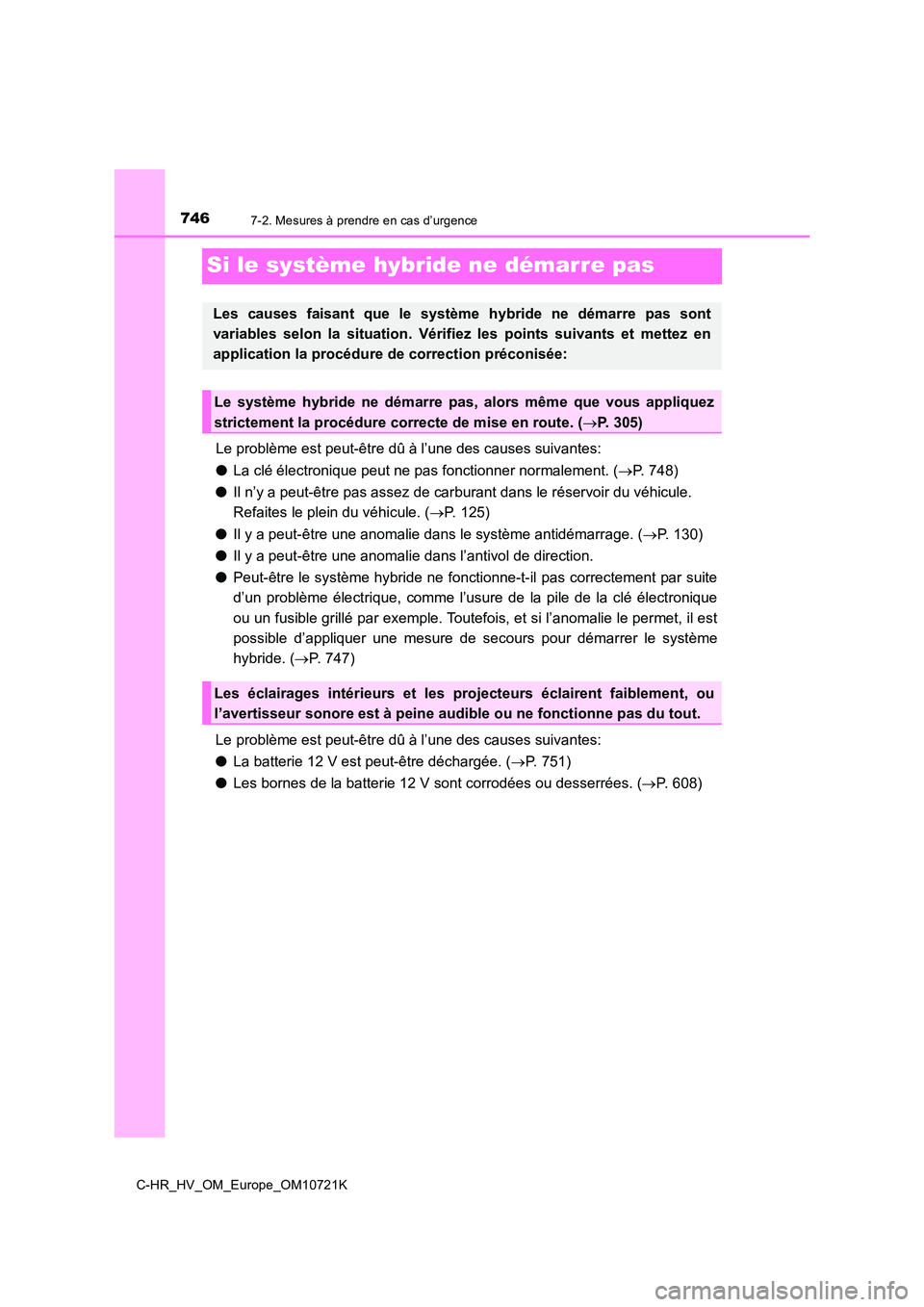 TOYOTA C-HR 2022 Notices Demploi (in French) 7467-2. Mesures à prendre en cas d’urgence
C-HR_HV_OM_Europe_OM10721K
Si le système hybride ne démarre pas
Le problème est peut-être dû à l’une des causes suivantes:
● La clé électroni TOYOTA C-HR 2022 Notices Demploi (in French) 7467-2. Mesures à prendre en cas d’urgence
C-HR_HV_OM_Europe_OM10721K
Si le système hybride ne démarre pas
Le problème est peut-être dû à l’une des causes suivantes:
● La clé électroni