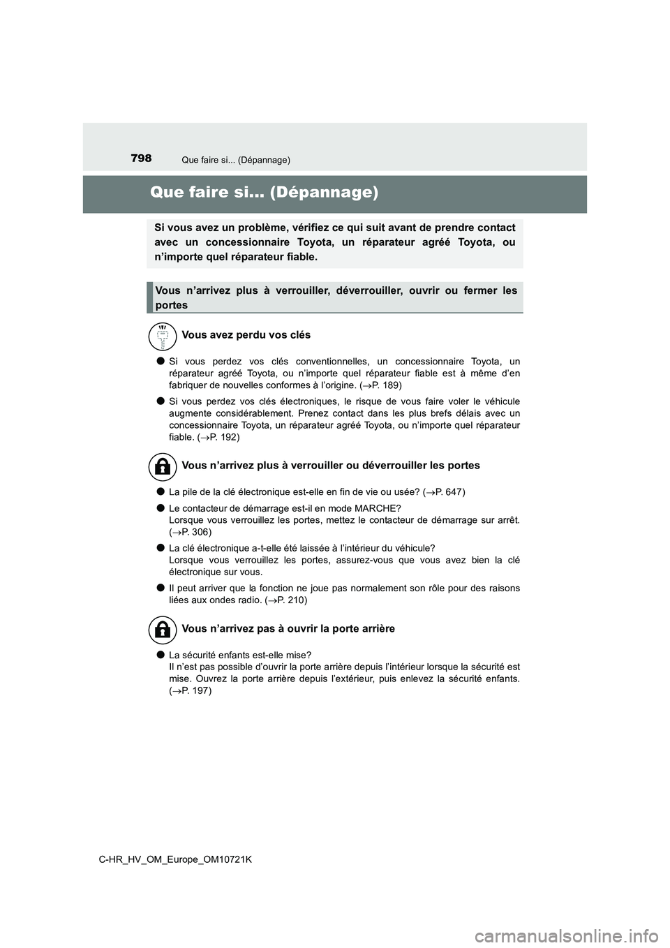 TOYOTA C-HR 2022 Notices Demploi (in French) 798Que faire si... (Dépannage)
C-HR_HV_OM_Europe_OM10721K
Que faire si... (Dépannage)
●Si vous perdez vos clés conventionnelles, un concessionnaire Toyota, un
réparateur agréé Toyo TOYOTA C-HR 2022 Notices Demploi (in French) 798Que faire si... (Dépannage)
C-HR_HV_OM_Europe_OM10721K
Que faire si... (Dépannage)
●Si vous perdez vos clés conventionnelles, un concessionnaire Toyota, un
réparateur agréé Toyo
