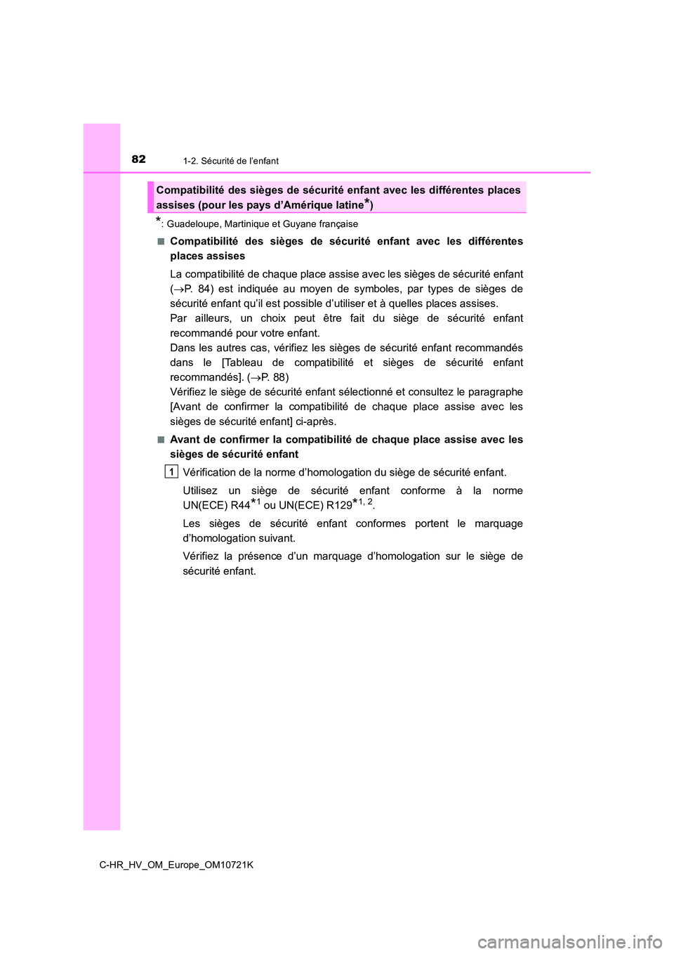 TOYOTA C-HR 2022 Notices Demploi (in French) 821-2. Sécurité de l’enfant
C-HR_HV_OM_Europe_OM10721K
*: Guadeloupe, Martinique et Guyane française
■Compatibilité des sièges de sécu rité enfant avec les différentes
places ass TOYOTA C-HR 2022 Notices Demploi (in French) 821-2. Sécurité de l’enfant
C-HR_HV_OM_Europe_OM10721K
*: Guadeloupe, Martinique et Guyane française
■Compatibilité des sièges de sécu rité enfant avec les différentes
places ass
