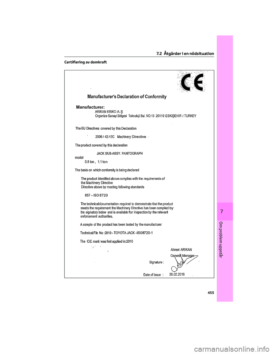 TOYOTA C-HR 2022  Bruksanvisningar (in Swedish) Certifiering av domkraft
7.2 Åtgärder i en nödsituation
455
7
Om problem uppstår 