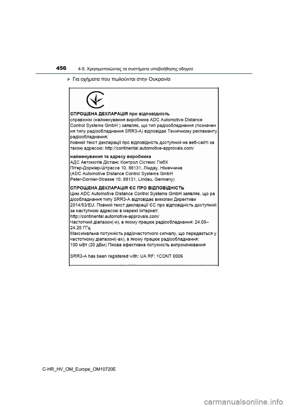 TOYOTA C-HR 2022  ΟΔΗΓΌΣ ΧΡΉΣΗΣ (in Greek) 4564-5. Χρησιμοποιώντας τα συστήματα υποβοήθησης οδηγού
C-HR_HV_OM_Europe_OM10720E
Για οχήματα που πωλούνται στην Ουκρανί