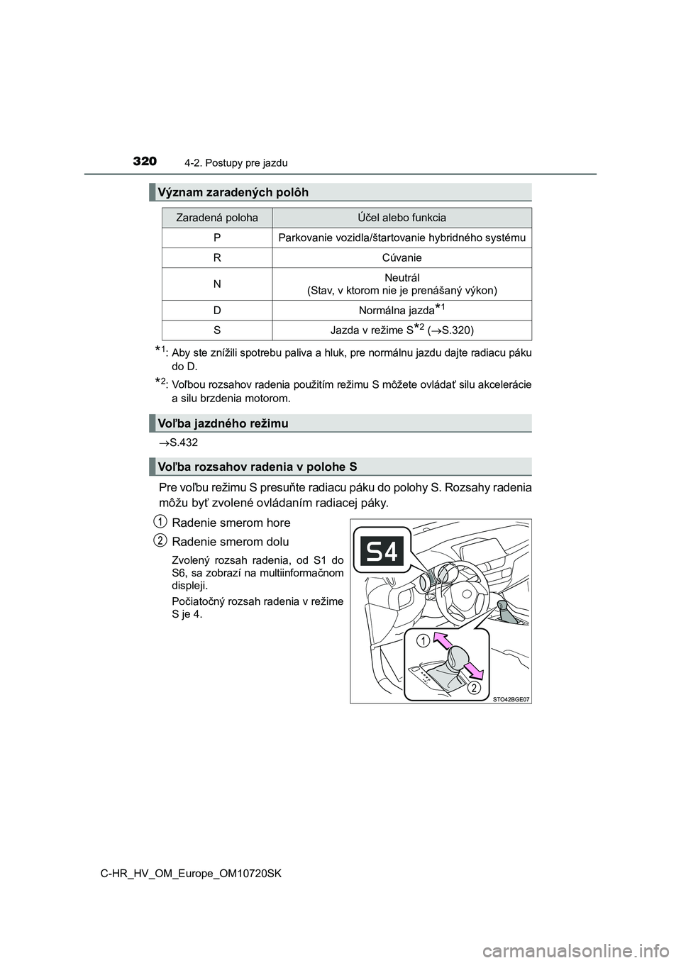 TOYOTA C-HR 2022  Návod na použitie (in Slovakian) 3204-2. Postupy pre jazdu
C-HR_HV_OM_Europe_OM10720SK
*1: Aby ste znížili spotrebu paliva a hluk, pre normálnu jazdu dajte radiacu páku 
do D.
*2: Voľbou rozsahov radenia použitím režimu S mô
