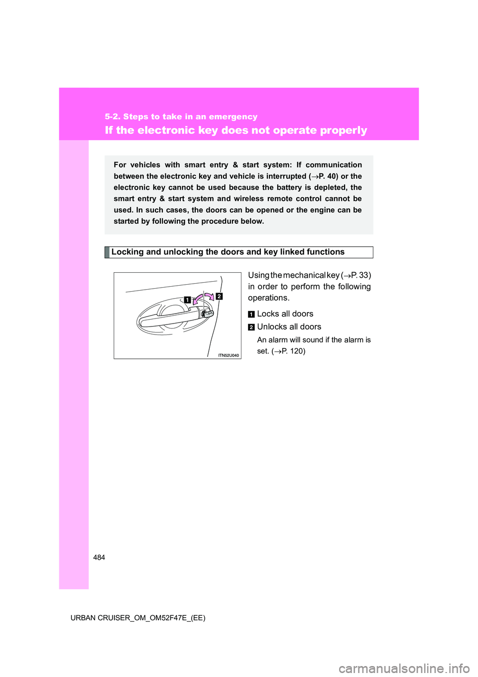TOYOTA URBAN CRUISER 2014  Owners Manual 484
5-2. Steps to take in an emergency
URBAN CRUISER_OM_OM52F47E_(EE)
If the electronic key does not operate properly
Locking and unlocking the doors and key linked functionsUsing the mechanical key (
