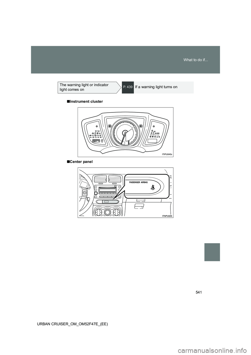 TOYOTA URBAN CRUISER 2014  Owners Manual 541
What to do if...
URBAN CRUISER_OM_OM52F47E_(EE)
The warning light or indicator 
light comes onP.  4 3 9If a warning light turns on
■ Instrument cluster
■ Center panel 