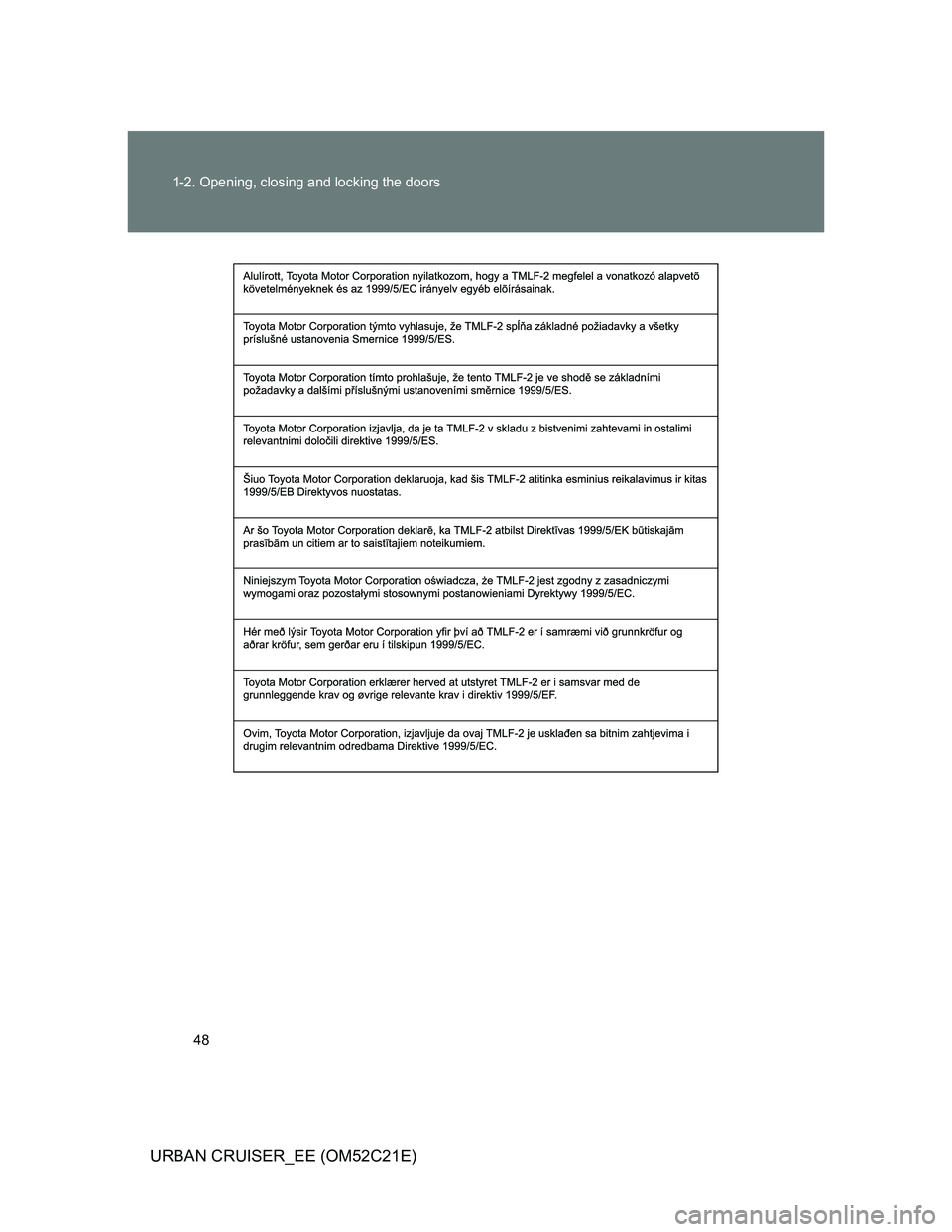 TOYOTA URBAN CRUISER 2012  Owners Manual 48 1-2. Opening, closing and locking the doors
URBAN CRUISER_EE (OM52C21E) 