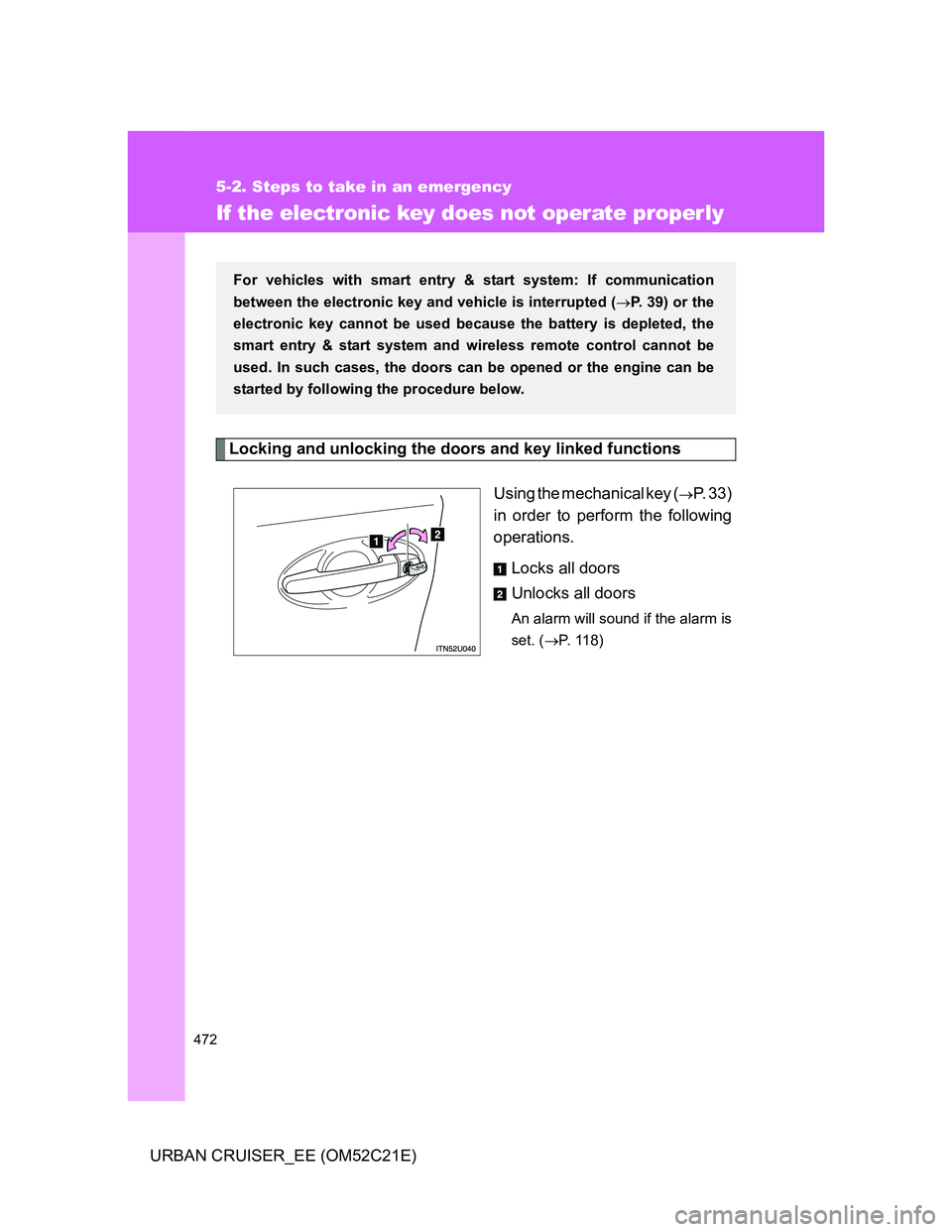 TOYOTA URBAN CRUISER 2012  Owners Manual 472
5-2. Steps to take in an emergency
URBAN CRUISER_EE (OM52C21E)
If the electronic key does not operate properly
Locking and unlocking the doors and key linked functions
Using the mechanical key (
