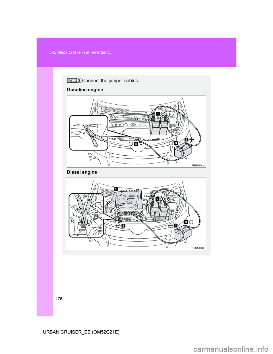 TOYOTA URBAN CRUISER 2012  Owners Manual 476 5-2. Steps to take in an emergency
URBAN CRUISER_EE (OM52C21E)
Connect the jumper cables.
Gasoline engine
Diesel engineSTEP2 