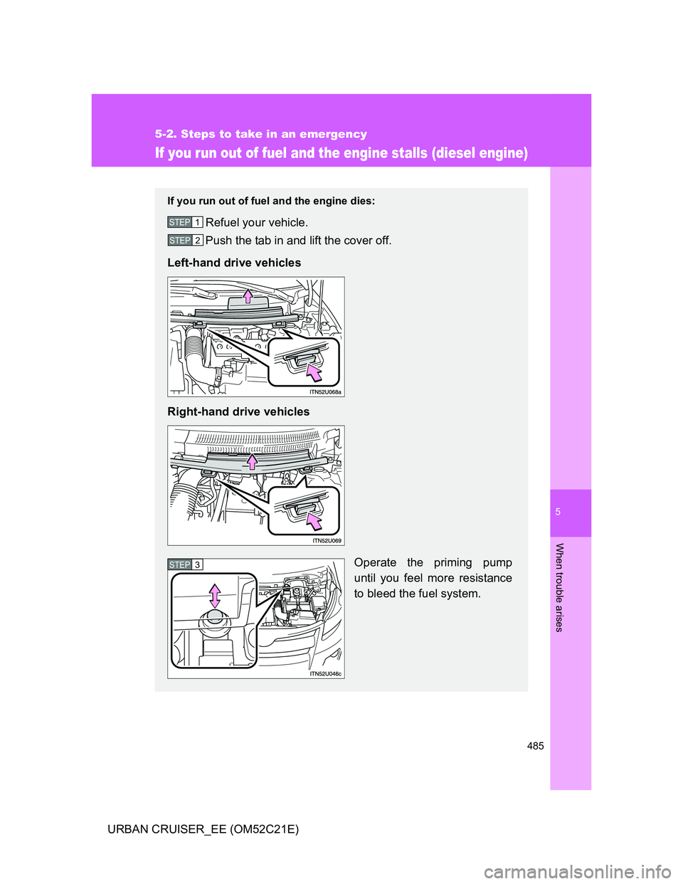 TOYOTA URBAN CRUISER 2012  Owners Manual 5
485
5-2. Steps to take in an emergency
When trouble arises
URBAN CRUISER_EE (OM52C21E)
If you run out of fuel and the engine stalls (diesel engine)
If you run out of fuel and the engine dies:
Refuel