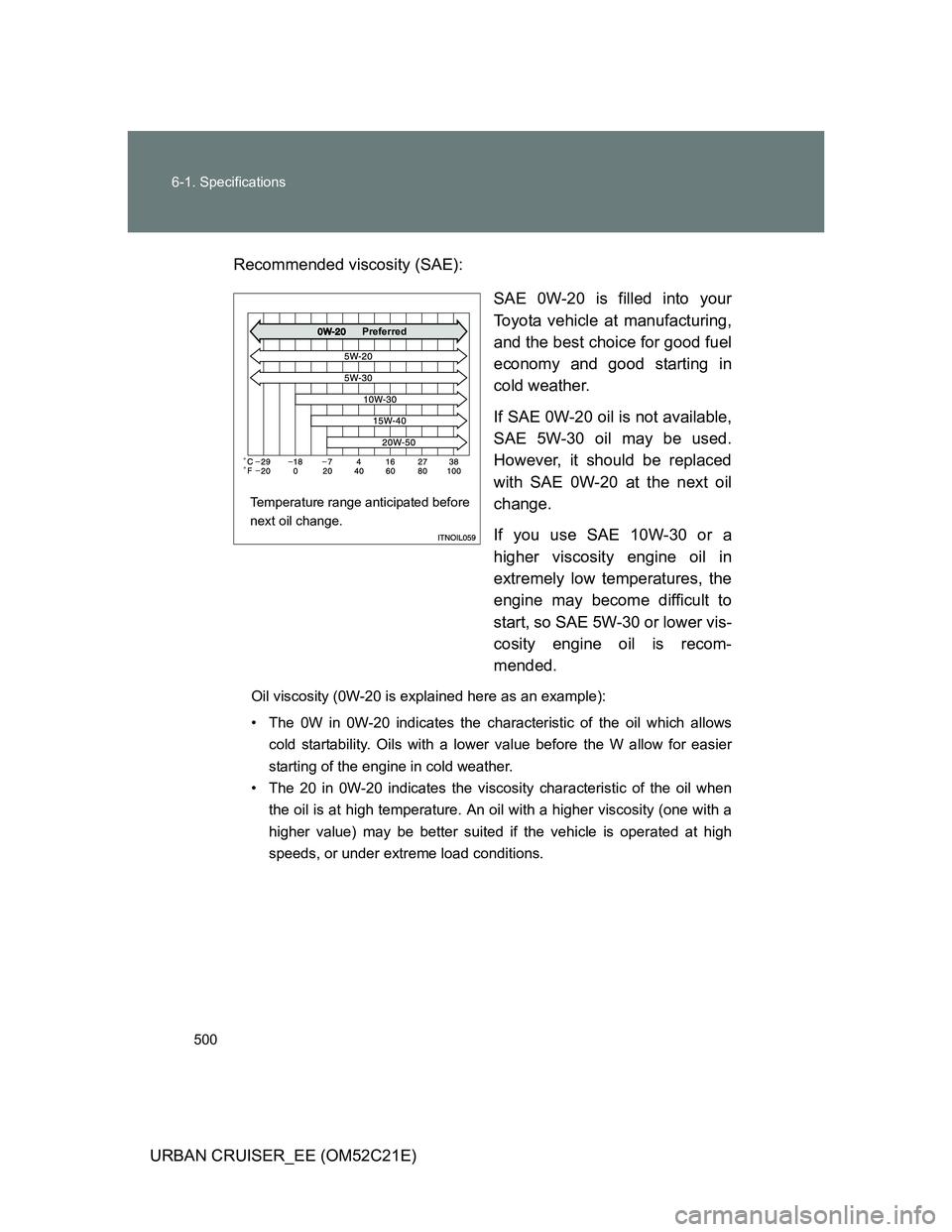 TOYOTA URBAN CRUISER 2012 Owners Manual 500 6-1. Specifications
URBAN CRUISER_EE (OM52C21E)Recommended viscosity (SAE):
SAE 0W-20 is filled into your
Toyota vehicle at manufacturing,
and the best choice for good fuel
economy and good starti TOYOTA URBAN CRUISER 2012 Owners Manual 500 6-1. Specifications
URBAN CRUISER_EE (OM52C21E)Recommended viscosity (SAE):
SAE 0W-20 is filled into your
Toyota vehicle at manufacturing,
and the best choice for good fuel
economy and good starti