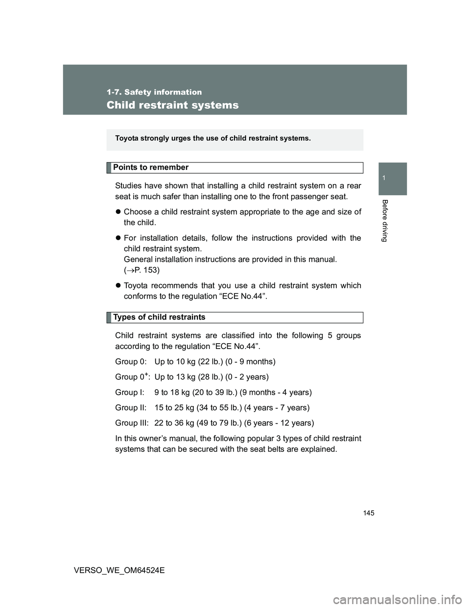 TOYOTA VERSO 2012  Owners Manual 145
1
1-7. Safety information
Before driving
VERSO_WE_OM64524E
Child restraint systems
Points to remember
Studies have shown that installing a child restraint system on a rear
seat is much safer than 