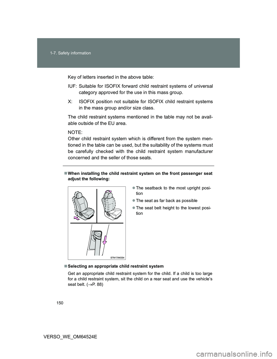 TOYOTA VERSO 2012  Owners Manual 150 1-7. Safety information
VERSO_WE_OM64524EKey of letters inserted in the above table:
IUF: Suitable for ISOFIX forward child restraint systems of universal
category approved for the use in this mas