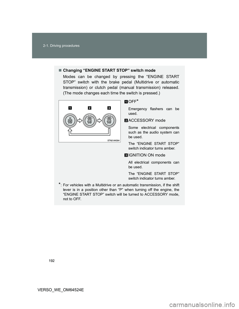 TOYOTA VERSO 2012  Owners Manual 192 2-1. Driving procedures
VERSO_WE_OM64524E
Changing “ENGINE START STOP” switch mode
Modes can be changed by pressing the “ENGINE START
STOP” switch with the brake pedal (Multidrive or au