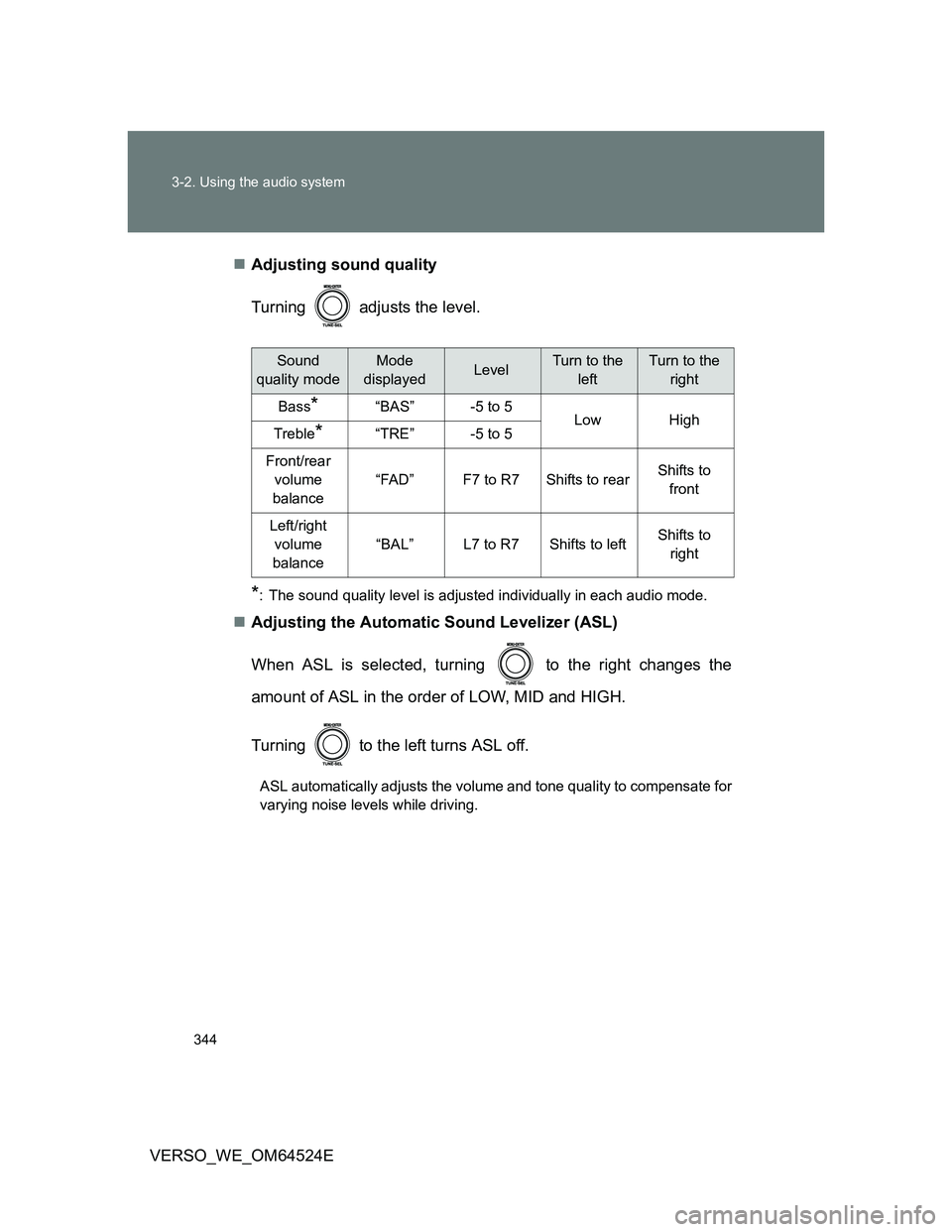 TOYOTA VERSO 2012  Owners Manual 344 3-2. Using the audio system
VERSO_WE_OM64524EAdjusting sound quality
Turning   adjusts the level.
*: The sound quality level is adjusted individually in each audio mode.
Adjusting the Automa