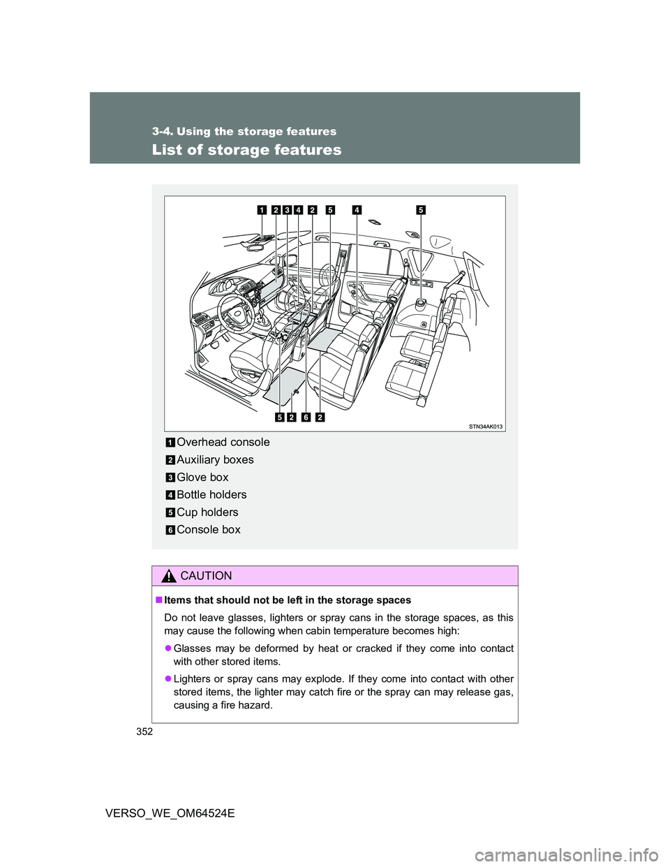 TOYOTA VERSO 2012  Owners Manual 352
VERSO_WE_OM64524E
3-4. Using the storage features
List of storage features
CAUTION
Items that should not be left in the storage spaces
Do not leave glasses, lighters or spray cans in the storag