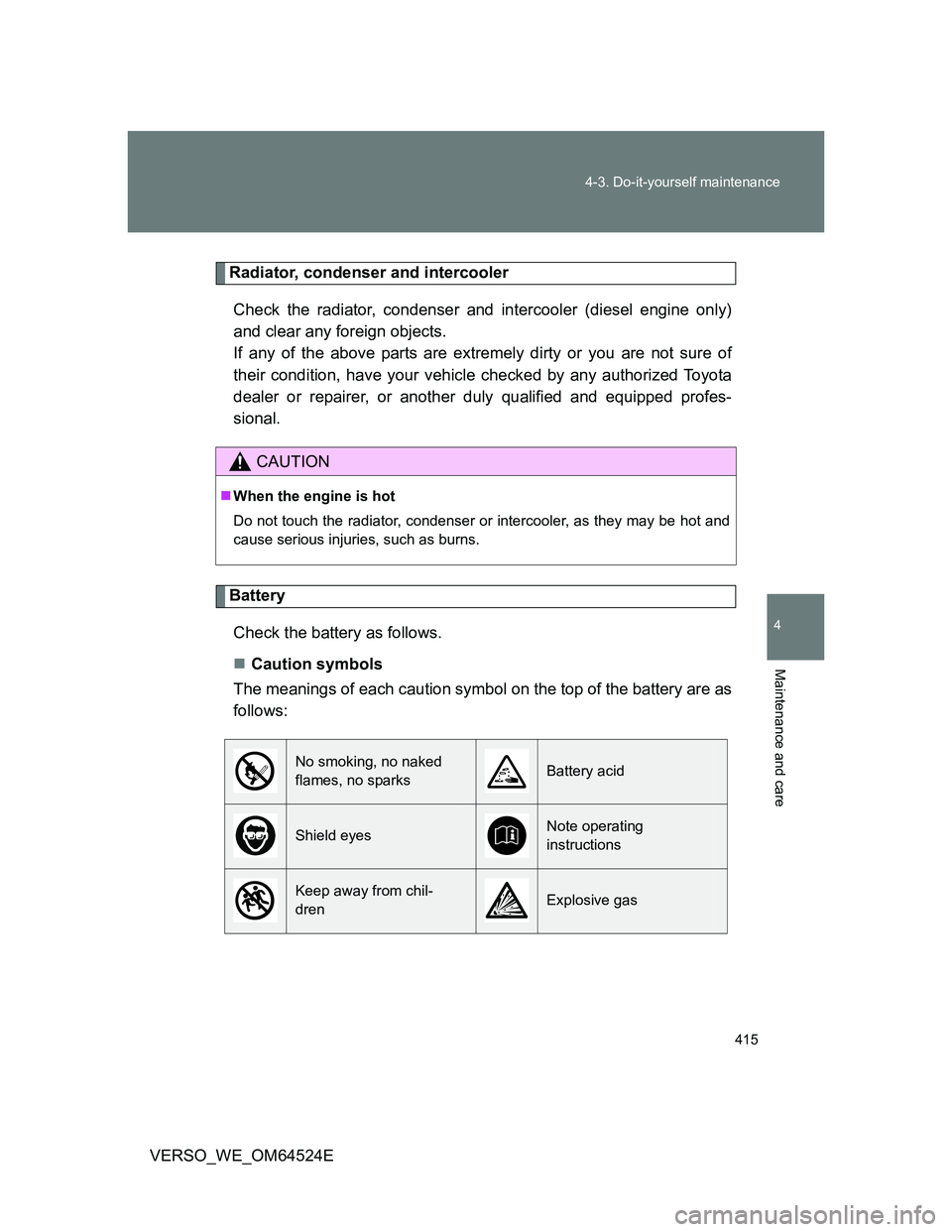 TOYOTA VERSO 2012  Owners Manual 415 4-3. Do-it-yourself maintenance
4
Maintenance and care
VERSO_WE_OM64524E
Radiator, condenser and intercooler
Check the radiator, condenser and intercooler (diesel engine only)
and clear any foreig
