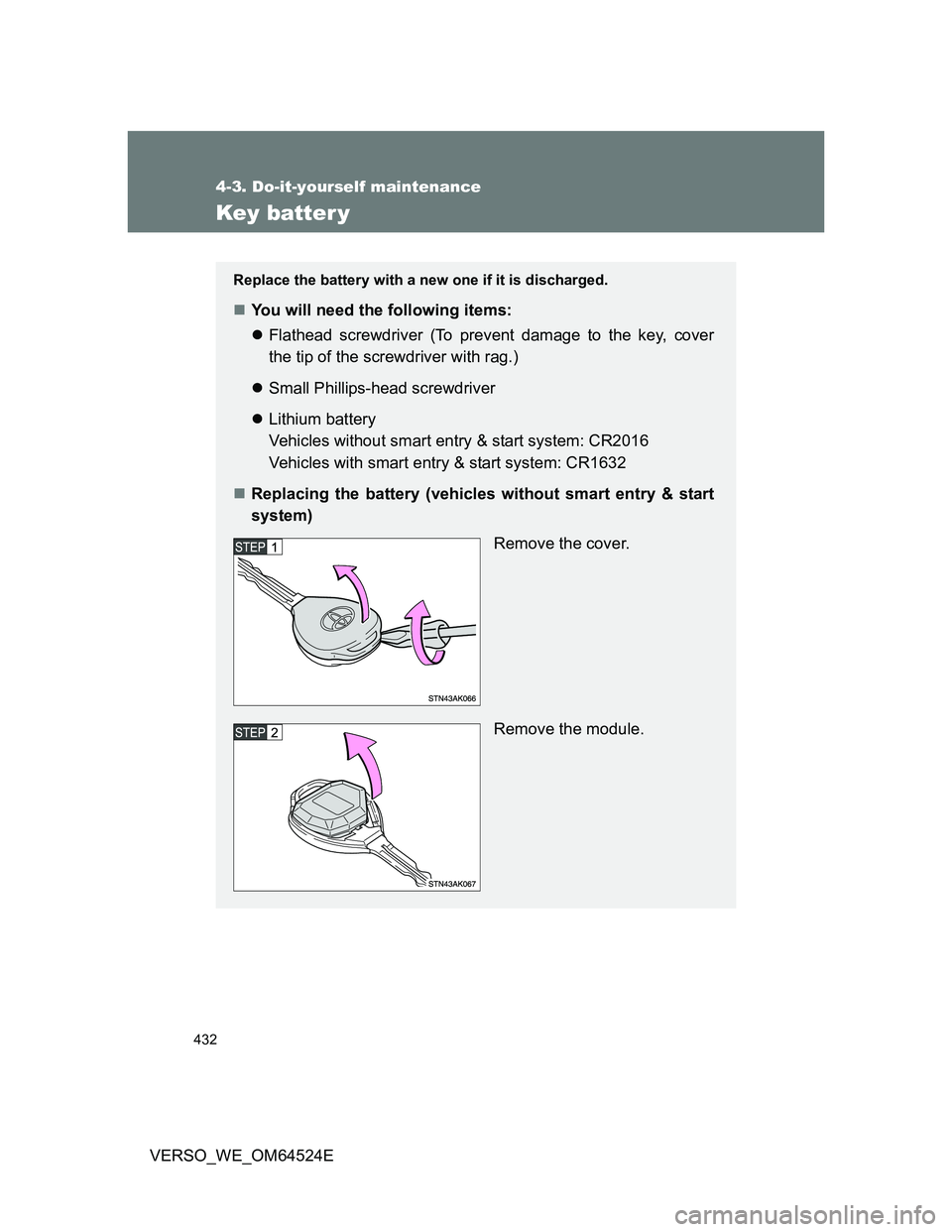 TOYOTA VERSO 2012  Owners Manual 432
4-3. Do-it-yourself maintenance
VERSO_WE_OM64524E
Key batter y
Replace the battery with a new one if it is discharged.
You will need the following items:
Flathead screwdriver (To prevent dam