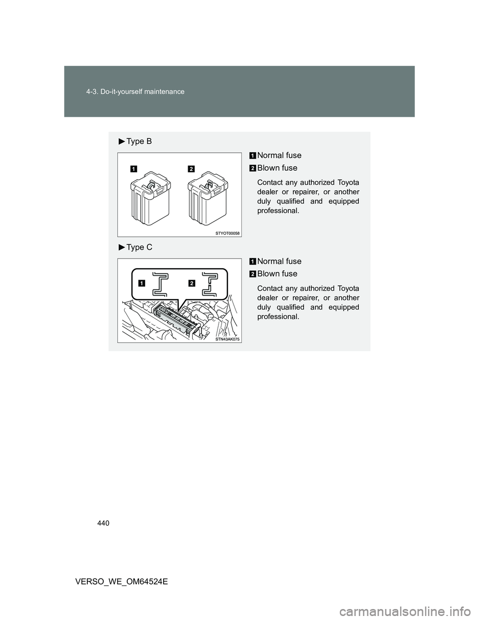 TOYOTA VERSO 2012  Owners Manual 440 4-3. Do-it-yourself maintenance
VERSO_WE_OM64524E
Ty p e  B
Normal fuse
Blown fuse
Contact any authorized Toyota
dealer or repairer, or another
duly qualified and equipped
professional.
Ty p e  C
