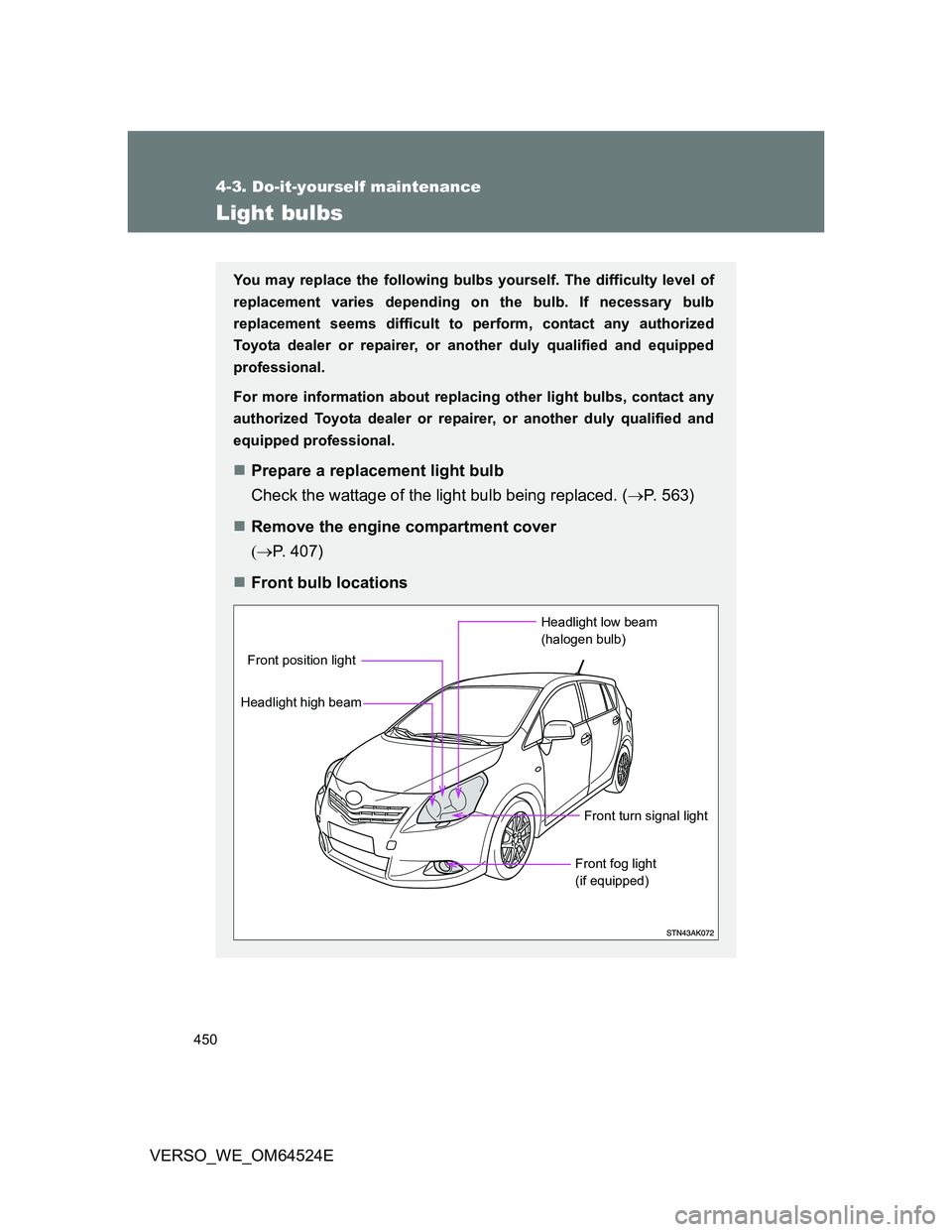 TOYOTA VERSO 2012  Owners Manual 450
4-3. Do-it-yourself maintenance
VERSO_WE_OM64524E
Light bulbs
You may replace the following bulbs yourself. The difficulty level of
replacement varies depending on the bulb. If necessary bulb
repl