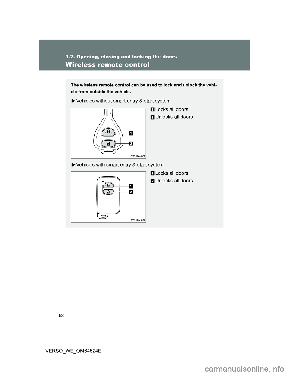 TOYOTA VERSO 2012  Owners Manual 58
1-2. Opening, closing and locking the doors
VERSO_WE_OM64524E
Wireless remote control
The wireless remote control can be used to lock and unlock the vehi-
cle from outside the vehicle.
Vehicles wit