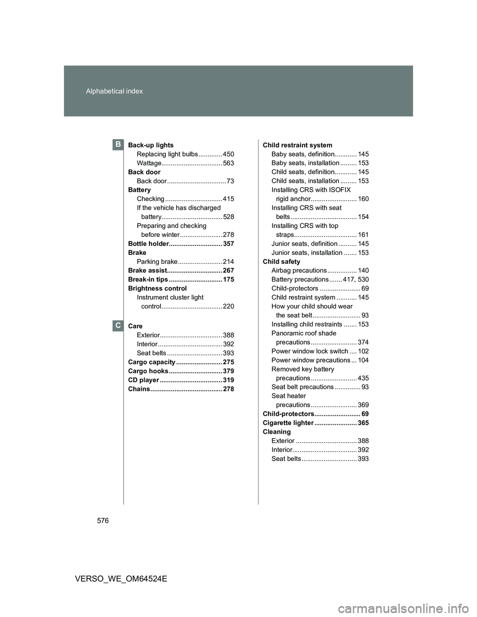 TOYOTA VERSO 2012  Owners Manual 576 Alphabetical index
VERSO_WE_OM64524E
Back-up lights
Replacing light bulbs ............. 450
Wattage................................. 563
Back door
Back door ................................ 73
Bat