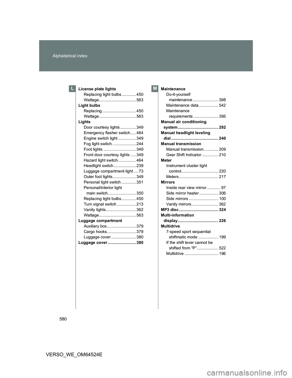 TOYOTA VERSO 2012  Owners Manual 580 Alphabetical index
VERSO_WE_OM64524E
License plate lights
Replacing light bulbs ............. 450
Wattage................................. 563
Light bulbs
Replacing .............................. 