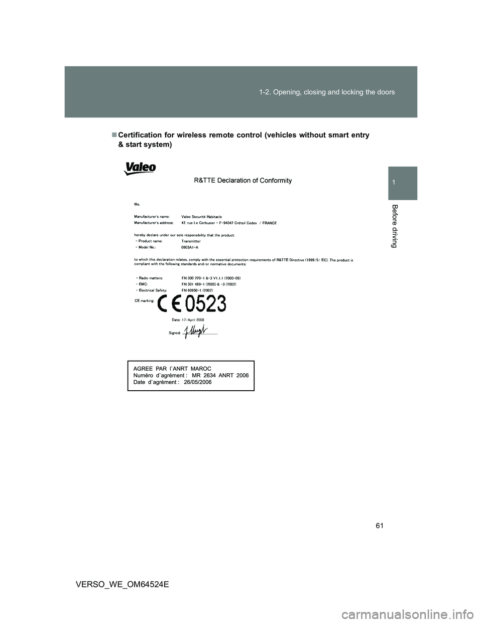 TOYOTA VERSO 2012  Owners Manual 61 1-2. Opening, closing and locking the doors
1
Before driving
VERSO_WE_OM64524E
Certification for wireless remote control (vehicles without smart entry
& start system) 