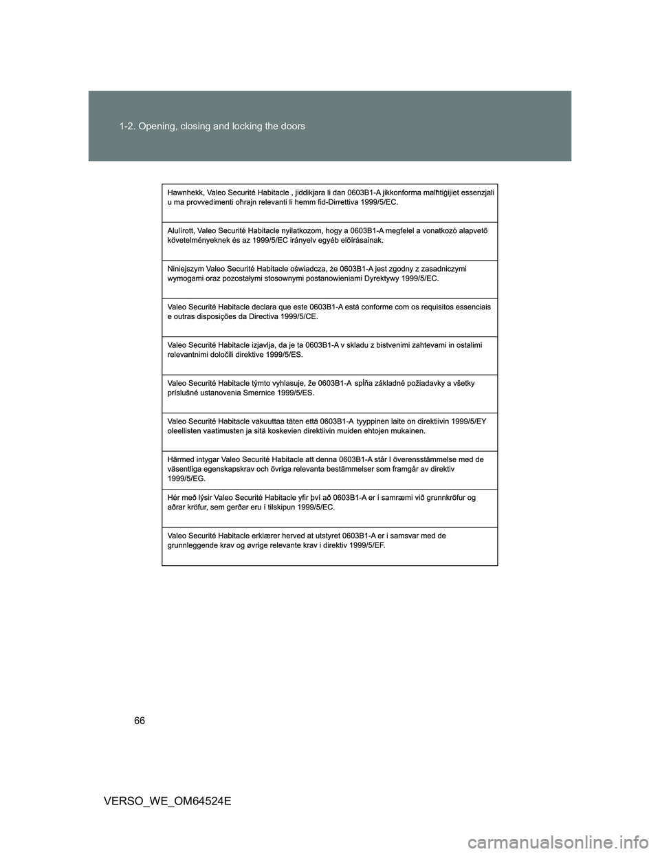 TOYOTA VERSO 2012  Owners Manual 66 1-2. Opening, closing and locking the doors
VERSO_WE_OM64524E 