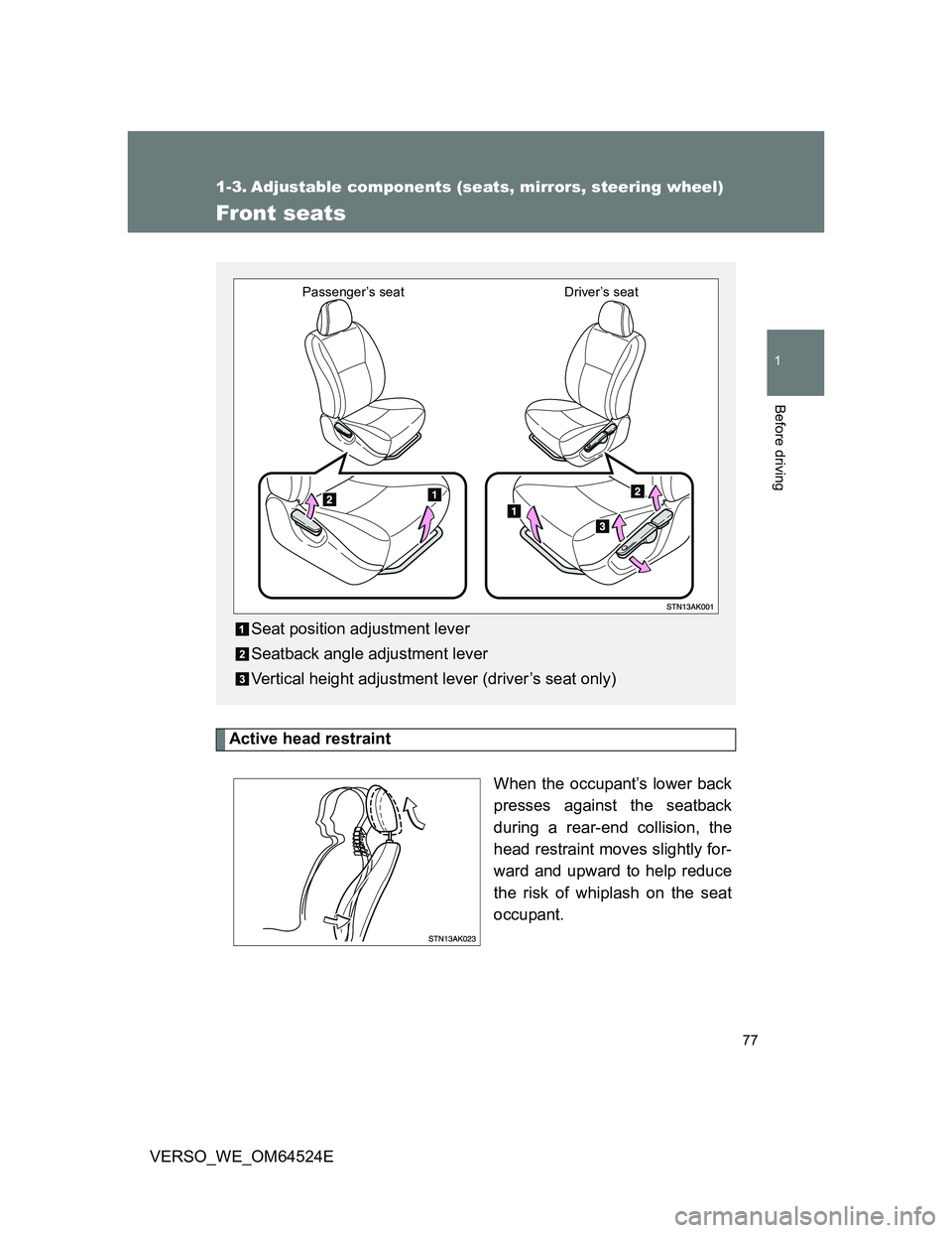 TOYOTA VERSO 2012  Owners Manual 77
1
Before driving
VERSO_WE_OM64524E
1-3. Adjustable components (seats, mirrors, steering wheel)
Front seats
Active head restraint
When the occupant’s lower back
presses against the seatback
during