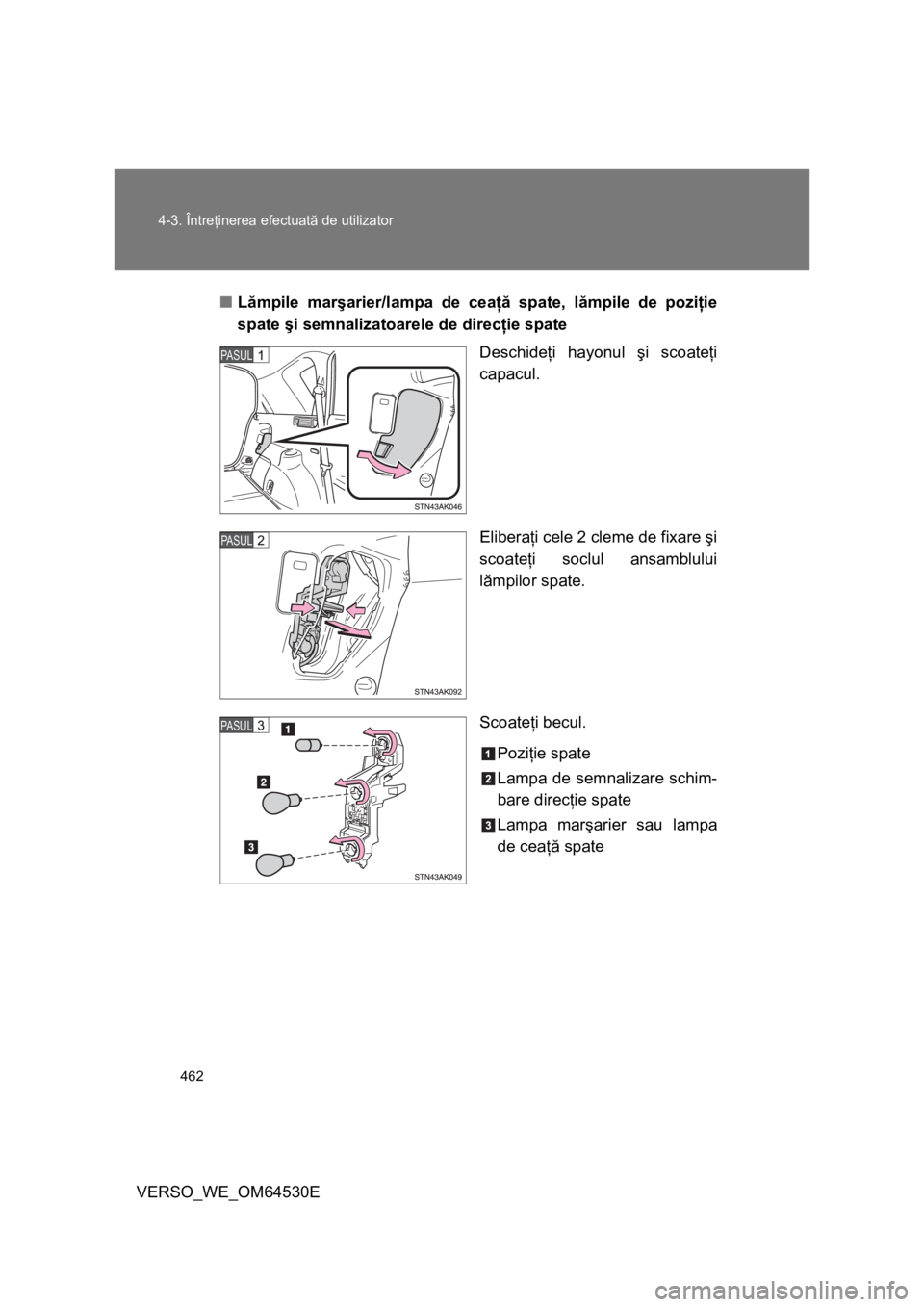 TOYOTA VERSO 2013  Manual de utilizare (in Romanian) 462 4-3. Întreţinerea efectuată de utilizator
VERSO_WE_OM64530E■Lămpile marşarier/lampa de ceaţă spate, lămpile de poziţie
spate şi semnalizatoarele de direcţie spate
Deschideţi hayonul 