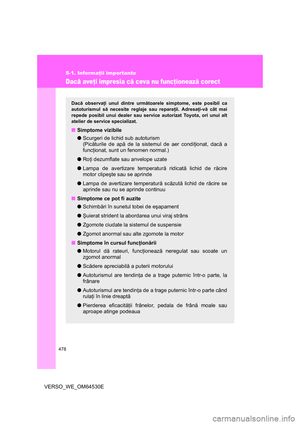 TOYOTA VERSO 2013  Manual de utilizare (in Romanian) 478
5-1. Informaţii importante
VERSO_WE_OM64530E
Dacă aveţi impresia că ceva nu funcţionează corect
Dacă observaţi unul dintre următoarele simptome, este posibil ca
autoturismul să necesite 