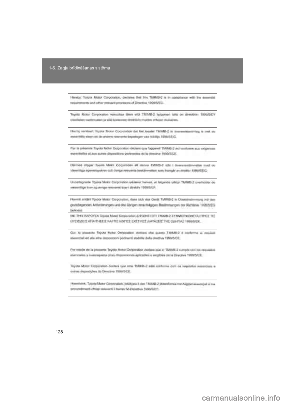 TOYOTA VERSO 2015  Lietošanas Instrukcija (in Latvian) 128
1-6. Zag%u br#din"šanas sist!ma
VERSO(BMW)_WE_OM64558E
VERSO_WE.book  Page 128  Thursday, January 30, 2014  10:04 PM 