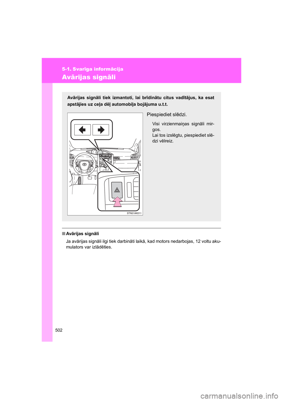 TOYOTA VERSO 2015  Lietošanas Instrukcija (in Latvian) 502
VERSO(BMW)_WE_OM64558E
5-1. Svar!ga inform#cija
Av#rijas sign#li
"Av!rijas sign!li
Ja av"rijas sign"li ilgi tiek darbin"ti laik", kad motors nedarbojas, 12 voltu aku-
mulators var izl"d!ties.
Av!r