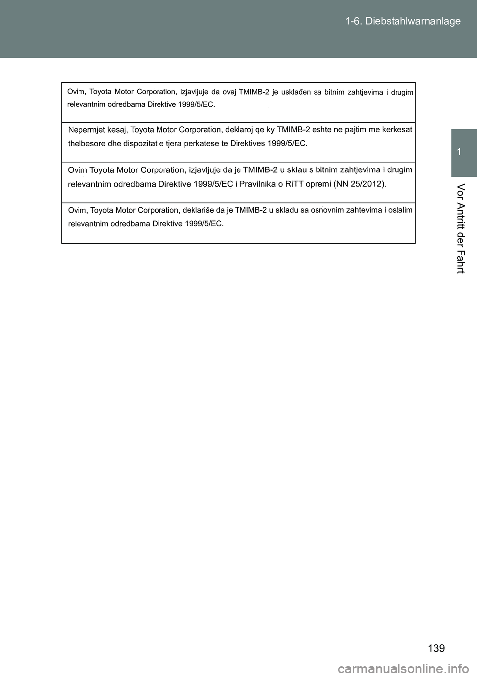 TOYOTA VERSO 2015  Betriebsanleitungen (in German) 139 1-6. Diebstahlwarnanlage
1
Vor Antritt der Fahrt 