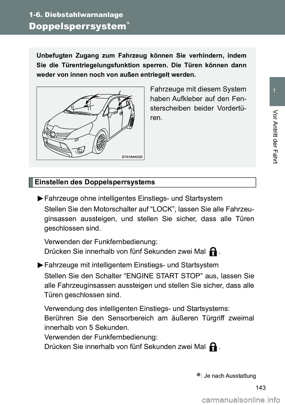 TOYOTA VERSO 2015  Betriebsanleitungen (in German) 143
1
1-6. Diebstahlwarnanlage
Vor Antritt der Fahrt
Doppelsperrsystem
Einstellen des Doppelsperrsystems
Fahrzeuge ohne intelligentes Einstiegs- und Startsystem
Stellen Sie den Motorschalter auf 