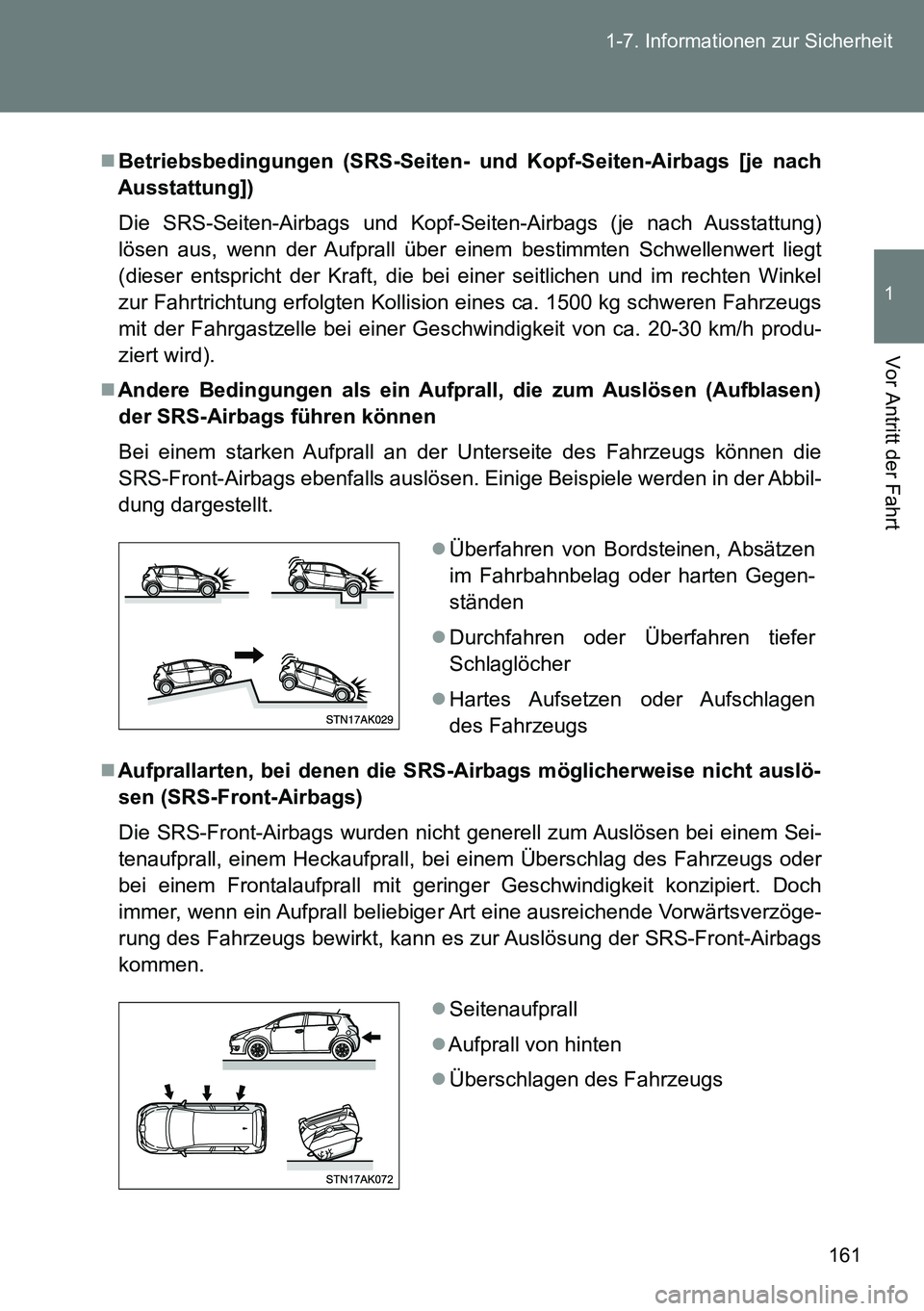 TOYOTA VERSO 2015  Betriebsanleitungen (in German) 161 1-7. Informationen zur Sicherheit
1
Vor Antritt der Fahrt
Betriebsbedingungen (SRS-Seiten- und Kopf-Seiten-Airbags [je nach
Ausstattung])
Die SRS-Seiten-Airbags und Kopf-Seiten-Airbags (je nach