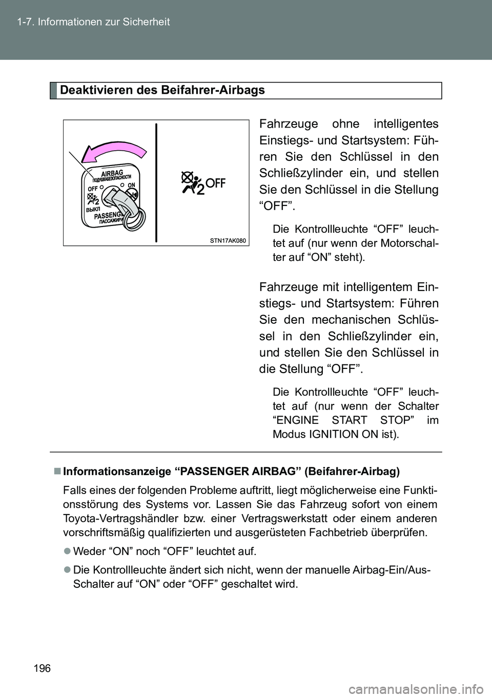 TOYOTA VERSO 2015 Betriebsanleitungen (in German) 196 1-7. Informationen zur Sicherheit
Deaktivieren des Beifahrer-Airbags
Fahrzeuge ohne intelligentes
Einstiegs- und Startsystem: Füh-
ren Sie den Schlüssel in den
Schließzylinder ein, und stellen
TOYOTA VERSO 2015 Betriebsanleitungen (in German) 196 1-7. Informationen zur Sicherheit
Deaktivieren des Beifahrer-Airbags
Fahrzeuge ohne intelligentes
Einstiegs- und Startsystem: Füh-
ren Sie den Schlüssel in den
Schließzylinder ein, und stellen