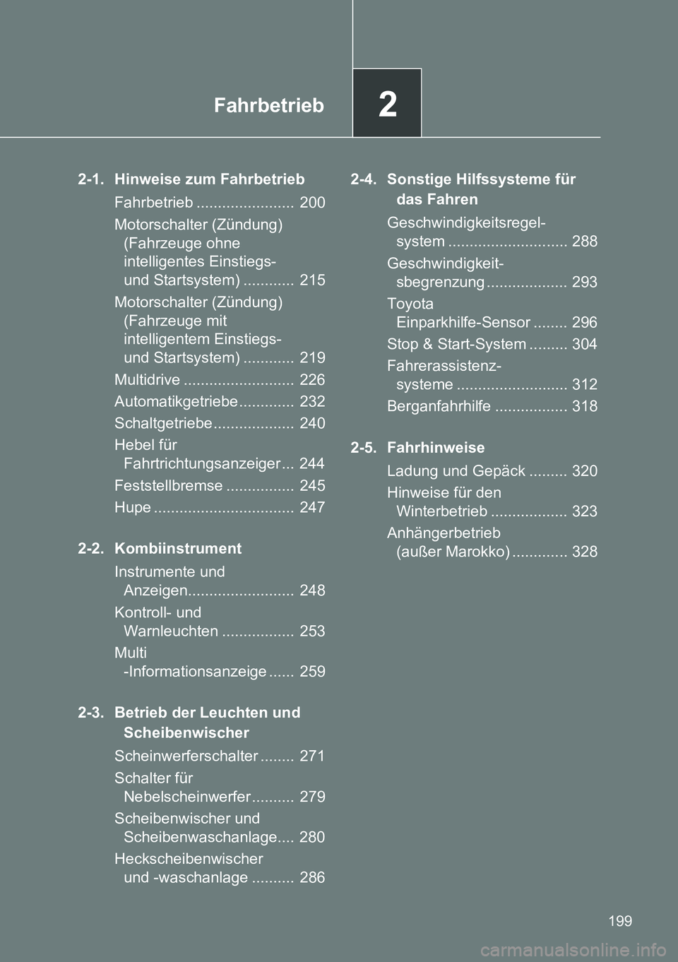 TOYOTA VERSO 2015 Betriebsanleitungen (in German) 2Fahrbetrieb
199
2-1. Hinweise zum Fahrbetrieb
Fahrbetrieb ....................... 200
Motorschalter (Zündung)
(Fahrzeuge ohne
intelligentes Einstiegs-
und Startsystem) ............ 215
Motorsch TOYOTA VERSO 2015 Betriebsanleitungen (in German) 2Fahrbetrieb
199
2-1. Hinweise zum Fahrbetrieb
Fahrbetrieb ....................... 200
Motorschalter (Zündung)
(Fahrzeuge ohne
intelligentes Einstiegs-
und Startsystem) ............ 215
Motorsch