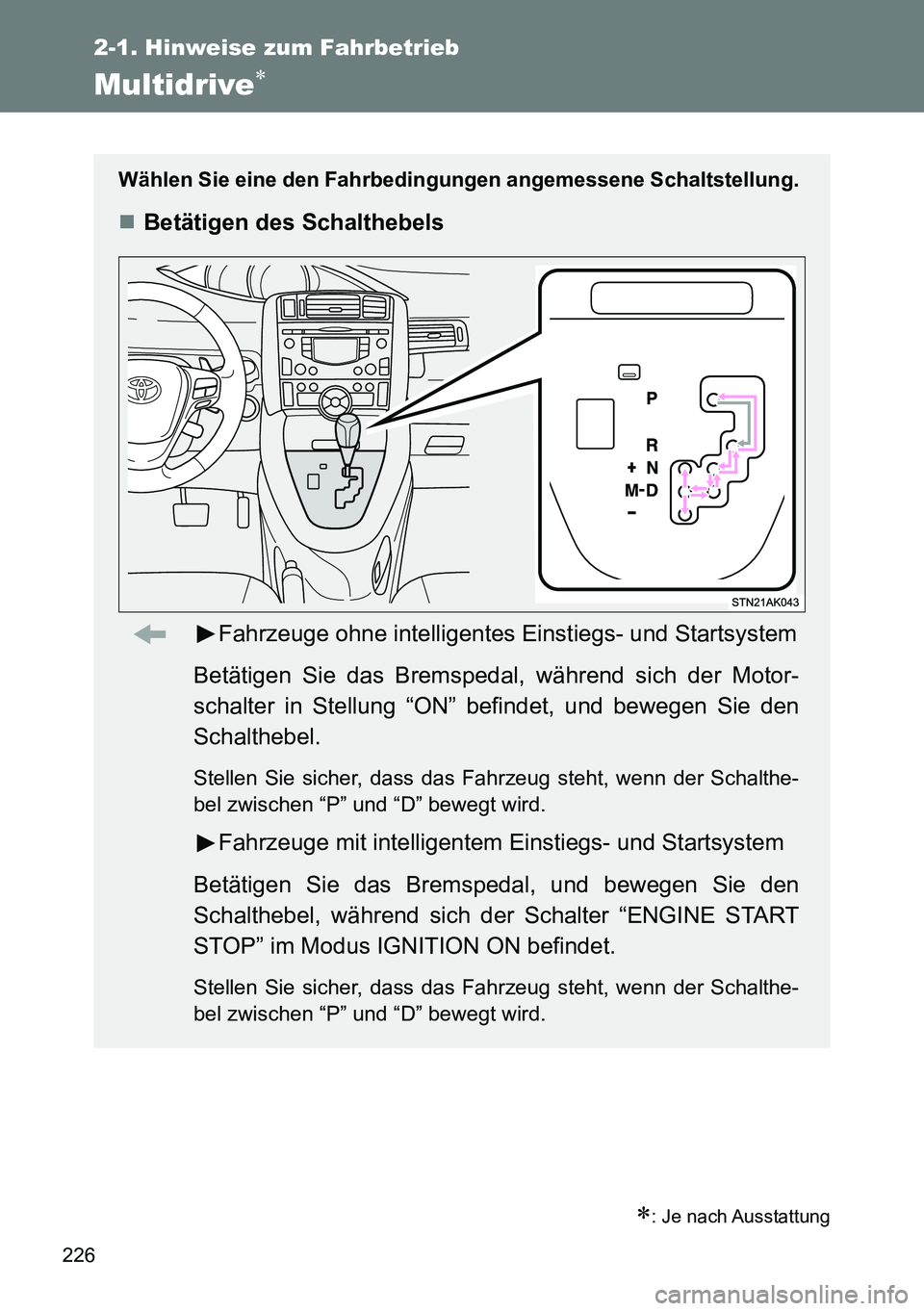 TOYOTA VERSO 2015  Betriebsanleitungen (in German) 226
2-1. Hinweise zum Fahrbetrieb
Multidrive
: Je nach Ausstattung
Wählen Sie eine den Fahrbedingungen angemessene Schaltstellung.
Betätigen des Schalthebels
Fahrzeuge ohne intelligentes Ei