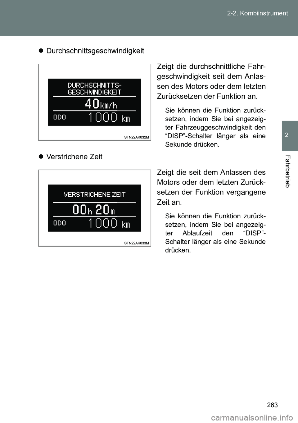 TOYOTA VERSO 2015  Betriebsanleitungen (in German) 263 2-2. Kombiinstrument
2
Fahrbetrieb
Durchschnittsgeschwindigkeit
Zeigt die durchschnittliche Fahr-
geschwindigkeit seit dem Anlas-
sen des Motors oder dem letzten
Zurücksetzen der Funktion an.
