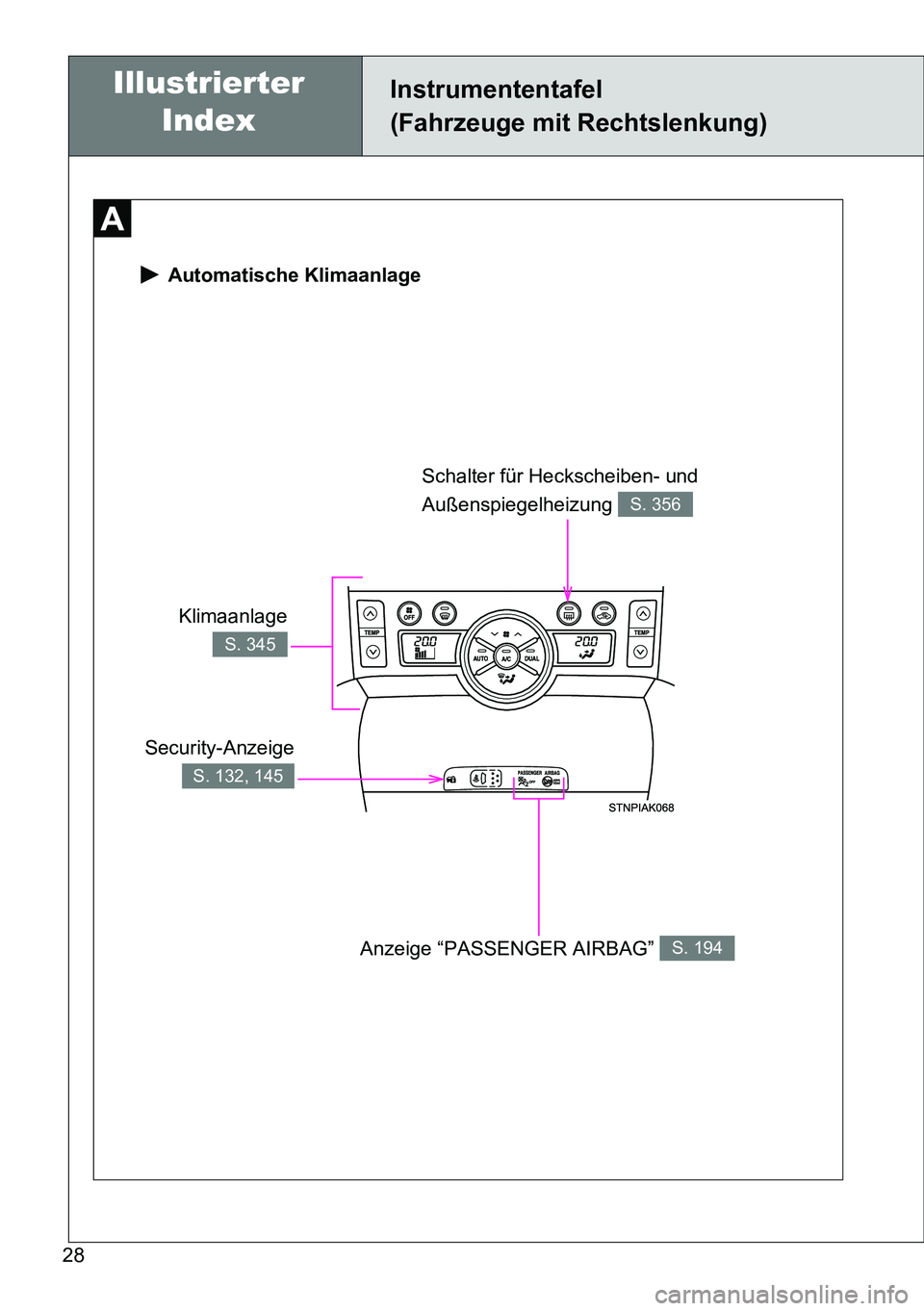 TOYOTA VERSO 2015  Betriebsanleitungen (in German) 28
 Automatische Klimaanlage
Security-Anzeige
S. 132, 145
Schalter für Heckscheiben- und 
Außenspiegelheizung 
S. 356
Anzeige “PASSENGER AIRBAG” S. 194
Klimaanlage
S. 345
Instrumententafel
(Fahr