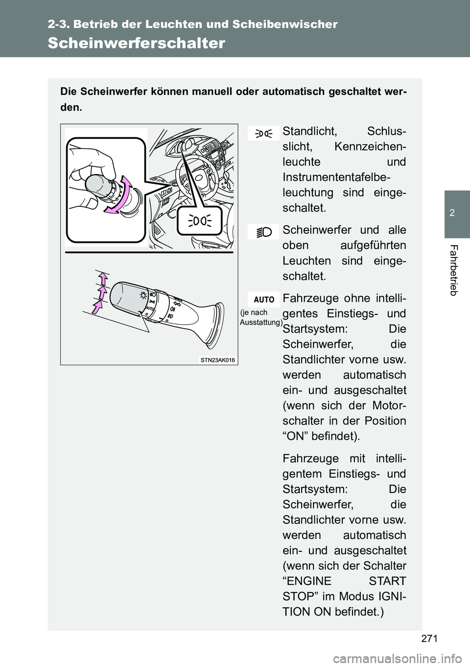 TOYOTA VERSO 2015  Betriebsanleitungen (in German) 271
2
Fahrbetrieb
2-3. Betrieb der Leuchten und Scheibenwischer
Scheinwerferschalter
Die Scheinwerfer können manuell oder automatisch geschaltet wer-
den.
Standlicht, Schlus-
slicht, Kennzeichen-
leu