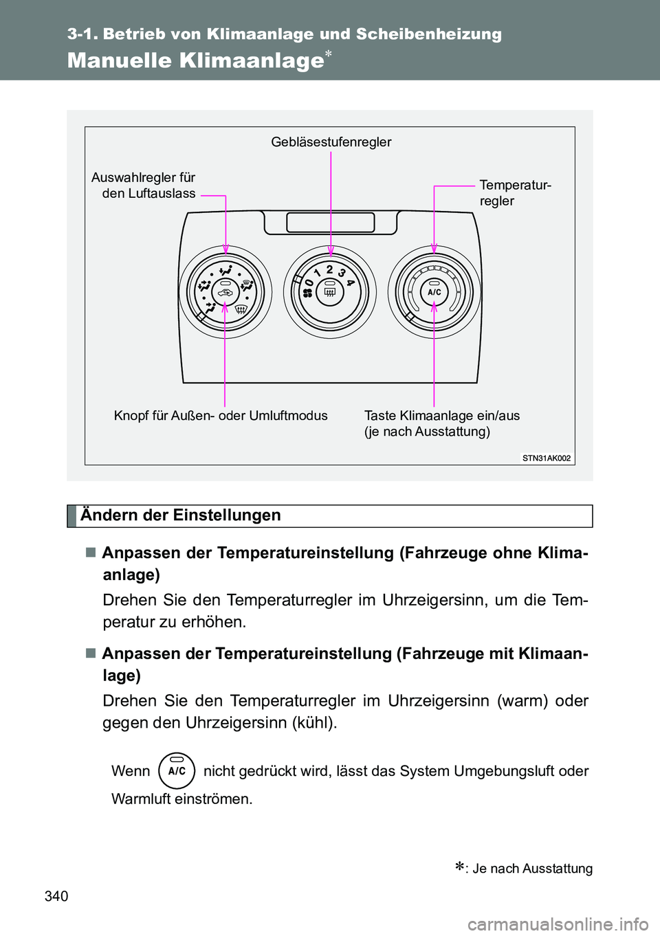 TOYOTA VERSO 2015  Betriebsanleitungen (in German) 340
3-1. Betrieb von Klimaanlage und Scheibenheizung
Manuelle Klimaanlage
Ändern der Einstellungen
Anpassen der Temperatureinstellung (Fahrzeuge ohne Klima-
anlage)
Drehen Sie den Temperaturreg