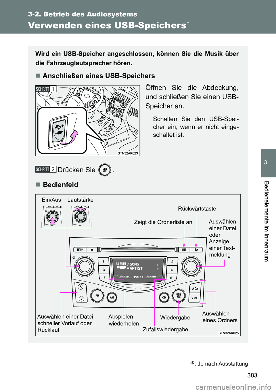 TOYOTA VERSO 2015  Betriebsanleitungen (in German) 383
3-2. Betrieb des Audiosystems
3
Bedienelemente im Innenraum
Verwenden eines USB-Speichers
: Je nach Ausstattung
Wird ein USB-Speicher angeschlossen, können Sie die Musik über
die Fahrzeugl