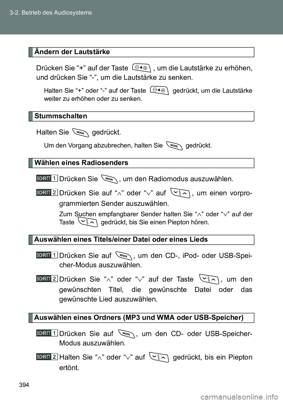 TOYOTA VERSO 2015 Betriebsanleitungen (in German) 394 3-2. Betrieb des Audiosystems
Ändern der Lautstärke
Drücken Sie “+” auf der Taste , um die Lautstärke zu erhöhen,
und drücken Sie “-”, um die Lautstärke zu senken.
Halten Sie “+ TOYOTA VERSO 2015 Betriebsanleitungen (in German) 394 3-2. Betrieb des Audiosystems
Ändern der Lautstärke
Drücken Sie “+” auf der Taste , um die Lautstärke zu erhöhen,
und drücken Sie “-”, um die Lautstärke zu senken.
Halten Sie “+