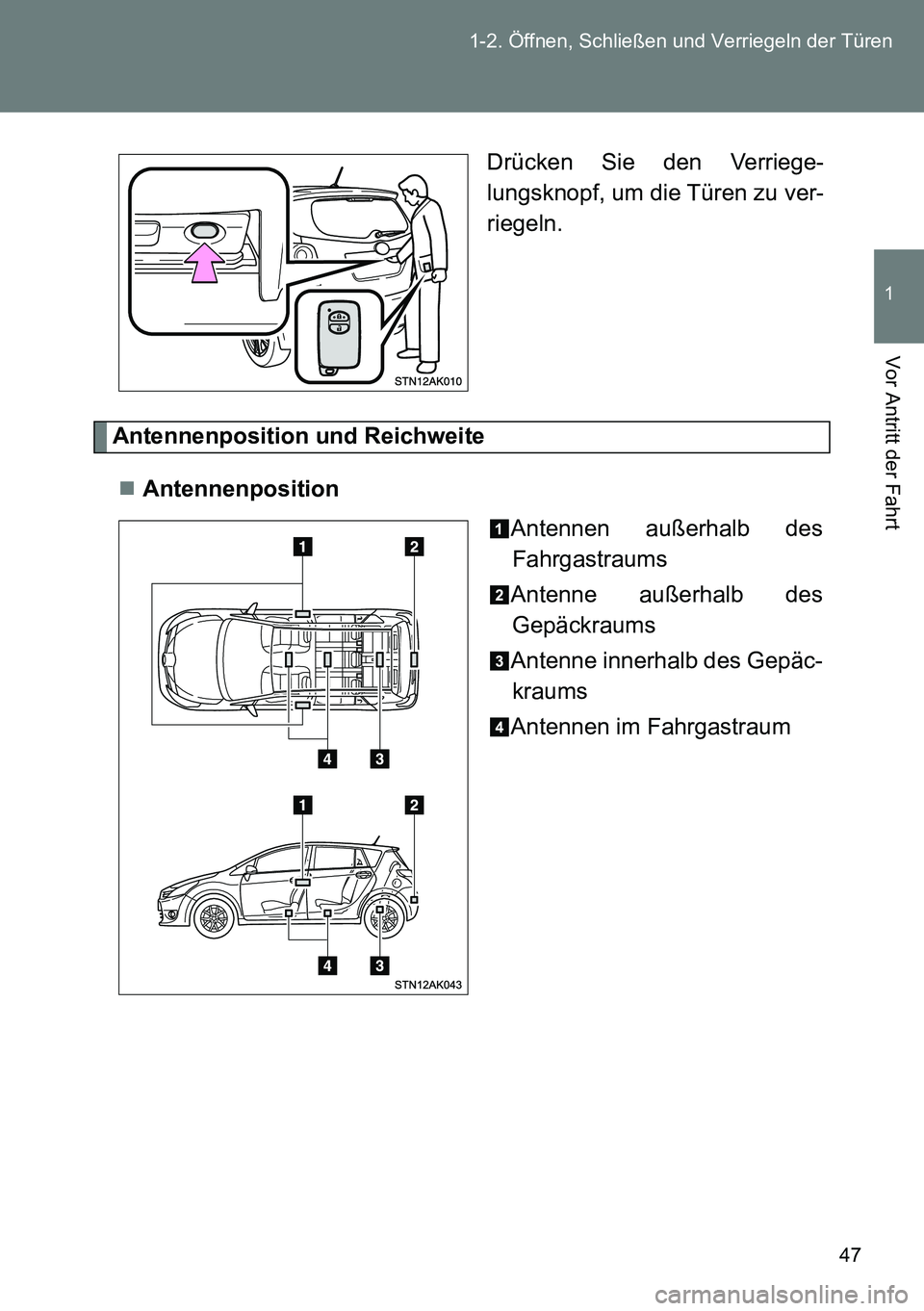 TOYOTA VERSO 2015  Betriebsanleitungen (in German) 47 1-2. Öffnen, Schließen und Verriegeln der Türen
1
Vor Antritt der Fahrt
Drücken Sie den Verriege-
lungsknopf, um die Türen zu ver-
riegeln.
Antennenposition und Reichweite
Antennenposition
