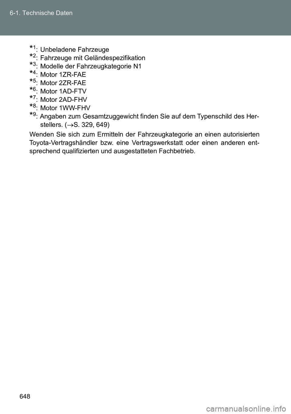 TOYOTA VERSO 2015  Betriebsanleitungen (in German) 648 6-1. Technische Daten
*1: Unbeladene Fahrzeuge
*2: Fahrzeuge mit Geländespezifikation
*3: Modelle der Fahrzeugkategorie N1
*4: Motor 1ZR-FAE
*5: Motor 2ZR-FAE
*6: Motor 1AD-FTV
*7: Motor 2AD-FHV
