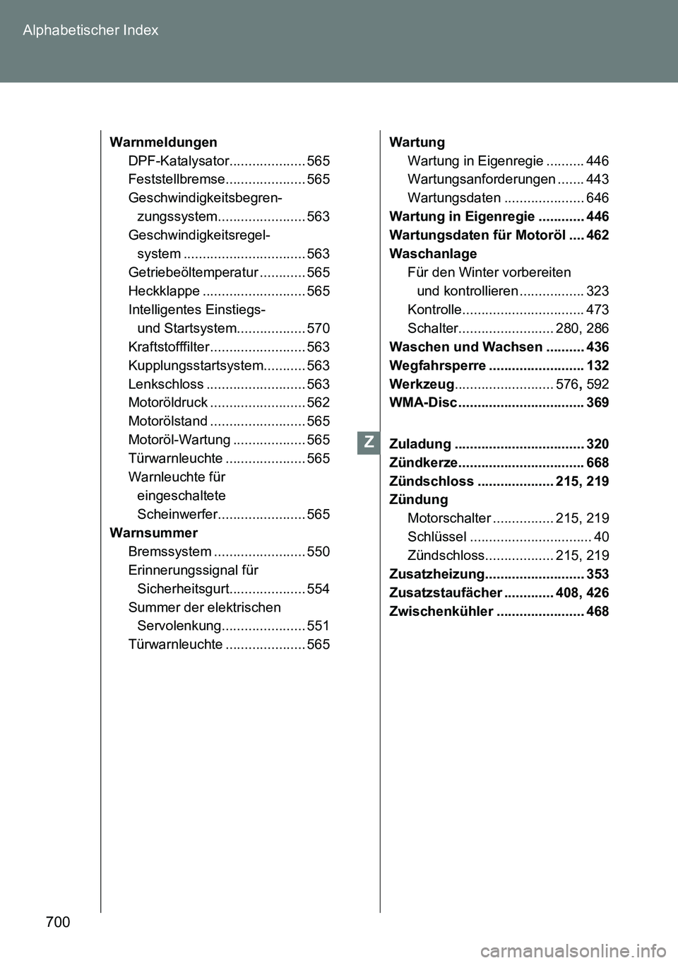 TOYOTA VERSO 2015 Betriebsanleitungen (in German) 700 Alphabetischer Index
Warnmeldungen
DPF-Katalysator.................... 565
Feststellbremse..................... 565
Geschwindigkeitsbegren-
zungssystem....................... 563
Geschwindigkeitsr TOYOTA VERSO 2015 Betriebsanleitungen (in German) 700 Alphabetischer Index
Warnmeldungen
DPF-Katalysator.................... 565
Feststellbremse..................... 565
Geschwindigkeitsbegren-
zungssystem....................... 563
Geschwindigkeitsr