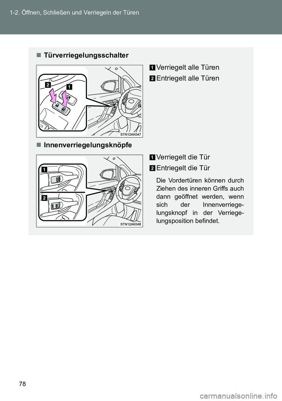 TOYOTA VERSO 2015  Betriebsanleitungen (in German) 78 1-2. Öffnen, Schließen und Verriegeln der Türen
Türverriegelungsschalter
Verriegelt alle Türen
Entriegelt alle Türen
Innenverriegelungsknöpfe
Verriegelt die Tür
Entriegelt die Tür
Di